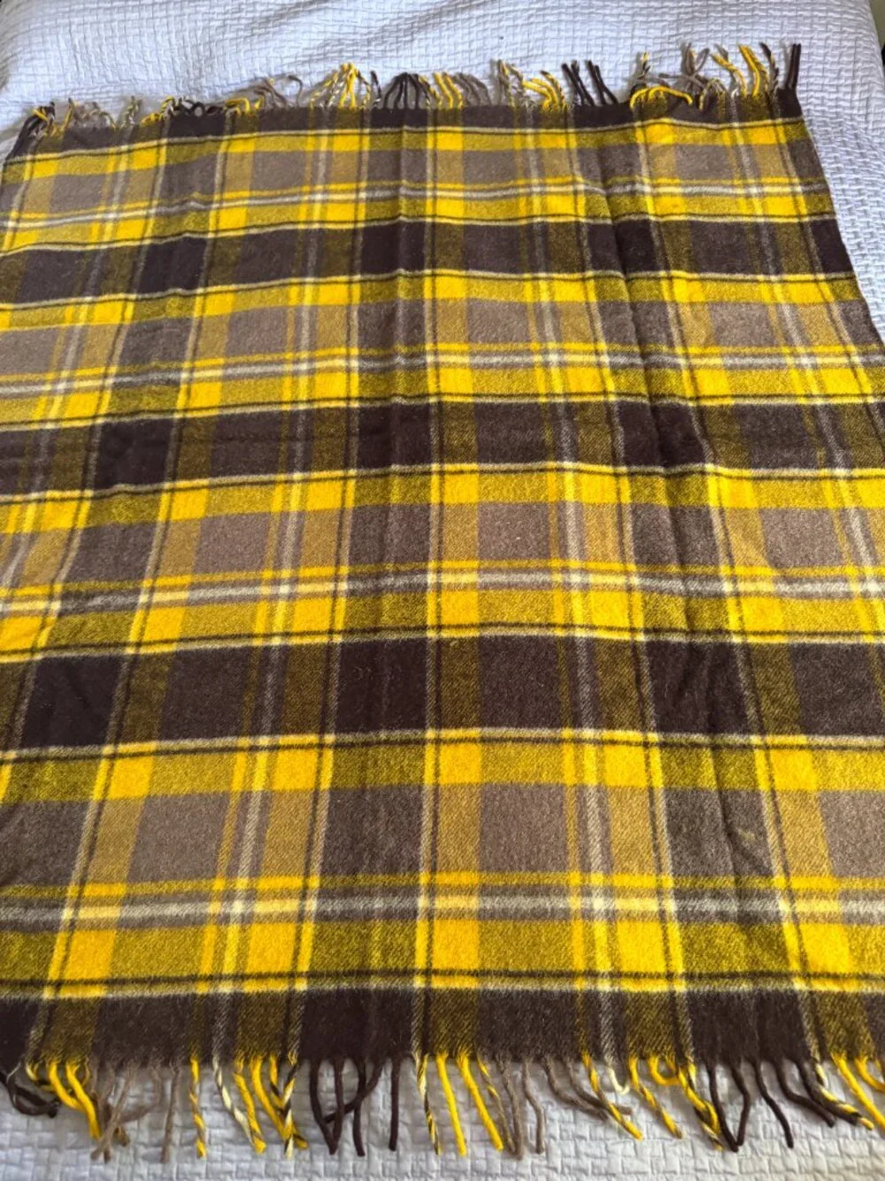 Vintage Wool Plaid Throw Blanket Mustard Brown Gray Fringe 50x54 Cozy Cabin